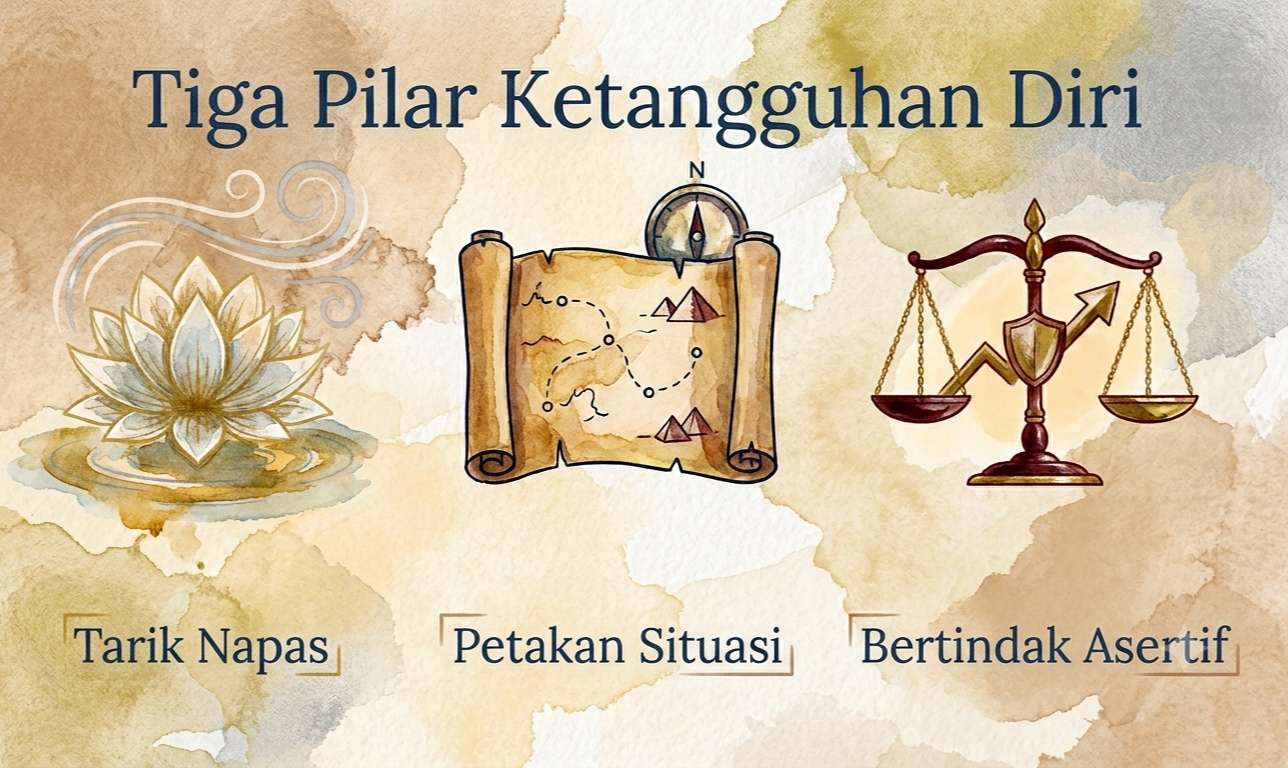 Ilustrasi cat air tiga pilar ketangguhan diri: tarik napas, petakan situasi, bertindak asertif, dari Yuk Feby Spektra Arunika.
    